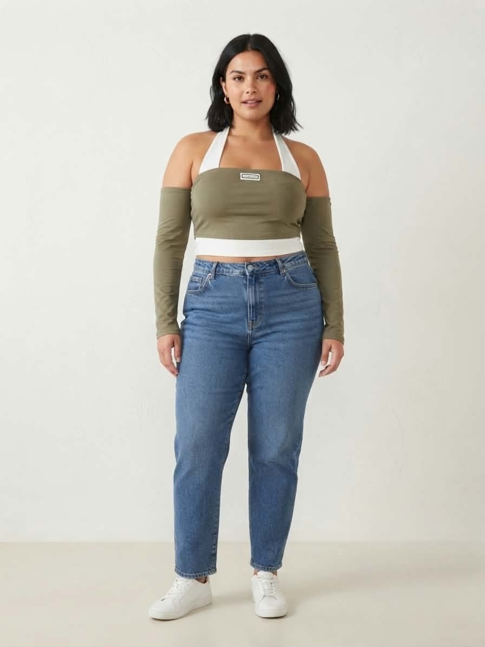 Y2K Halter Off-Shoulder Long Sleeve Crop Top Olive Green White Size L